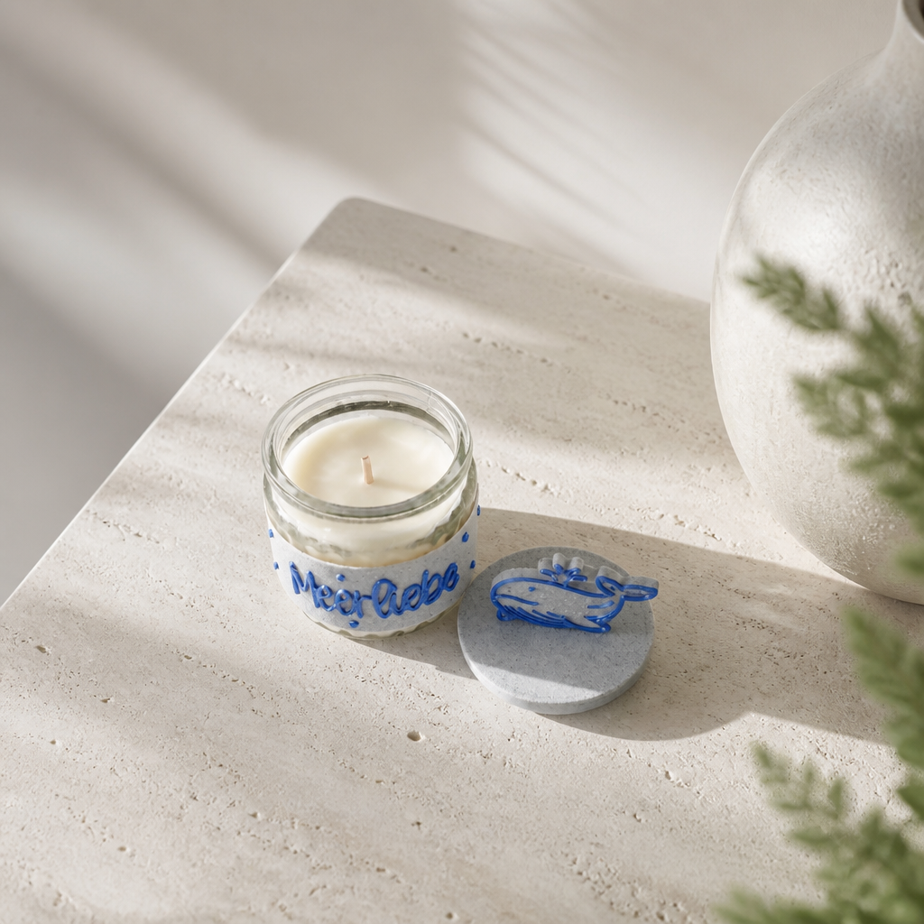 Duftkerze mit Kerzenbanderole und 3D-Druck-Deckel mit Stecker, Geschenkidee, Deko